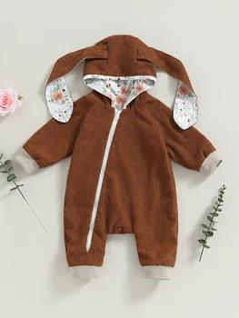 Baby Girl Romper Velvetinis kombinezonas su gobtuvu su meškos ausimis ilgomis rankovėmis užtrauktuku Mažylio rudens žieminė apranga
