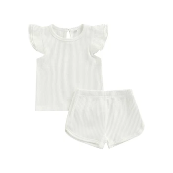 Baby Shorts Set Solid Color Rib Megzti Round Neck Flying Sleeve Tops + High Stretch Shorts Set 2022 Nauja mada