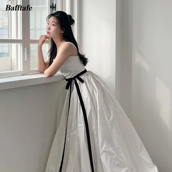 Bafftafe A Line Satin Korea Lady Wedding Dresses Simple Spetless Black Savars Oficiali vakarėlio suknelė vestuviniams vestuviniams chalatams