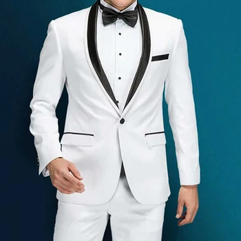 Baltas jaunikio smokingas su juoda skara Atlapas Slim Fit Vyriški kostiumai 2 dalių vyriškos striukės kelnės Naujausias palto mados dizainas