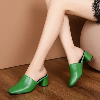 Baotou Half Slippers Women Summer New Outer Wear Fashion Solid Color Square Toe Thick Heel High-Heeled Women's Slides Pantuflas