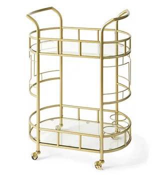 Bar Cart su matine aukso metalo apdaila ir tvirtais atviro dizaino riedėjimo ratukais