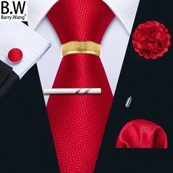 Barry.Wang Šilkinis vyriškas kaklaraištis Hanky rankogalių sąsagų segtuko sagės žiedų rinkinys Raudonas vientisas dryžuotas kaklaraištis Laisvalaikio dovana Vyrų vestuvių verslo renginiai