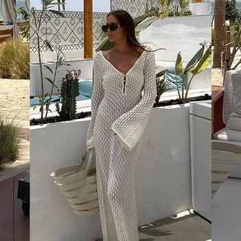 Beach Elegant Solid Sexy See Through Bodycon Maxi suknelė platėjančiomis ilgomis rankovėmis Bikinių užvalkalai moterims 2023 m. megztas viršelis