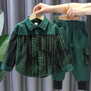 Berniukų drabužių komplektas Pavasario ruduo Nauji korėjietiški vaikiški marškiniai ilgomis rankovėmis+kišeninės kelnės Vaikiška apranga 2-9Y