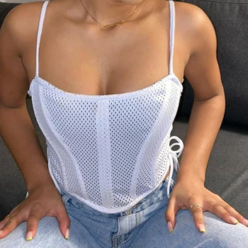 BKLD Fashion Breathable Mesh Tank Top Summer New Style Women Camisoles Tunic Spaghetti StrapBackless Lace Up Crop Top Streetwear