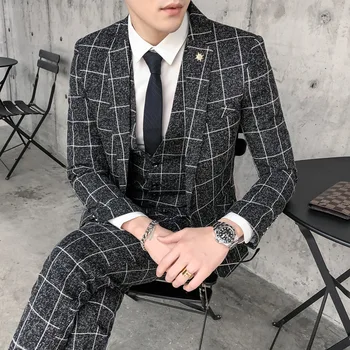 Black Fashion vyriškas kostiumas Pledas Korėja Stilius Pilka vestuvinė suknelė Banketų verslas Elegantiškas švarkas Vyriškas 3 dalių komplektas(Švarkas+Liemenė+Kelnės)