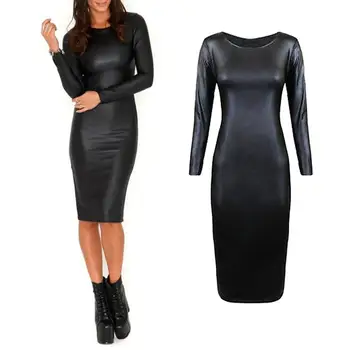 Black Faux Leather Office Lady Dress Suits Moteriški kostiumai Bodycon Midi suknelė Pavasario ruduo