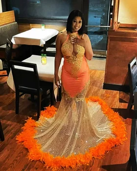 Black Girls Orange Mermaid Prom Suknelės moterims Vakarėlis 2022 Blizgučių plunksnos Oficialūs vakariniai chalatai Ilgi