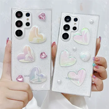 Bling Glitter 3D Love Heart spalvingas lazerinis deimantinis skaidrus dėklas, skirtas Samsung Galaxy S21 S22 S23 Ultra A12 A52 A72 A13 4G A14 A54