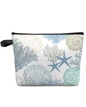 Blue Marine Coral Shells Starfish Large Capacity Travel Cosmetic Bag Portable Makeup Storage Pouch Women Waterproof Pencil Case