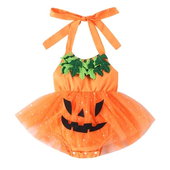 Bmnmsl Baby Girls Halloween Romper suknelė Moliūgų raštas be rankovių Blužnies blizgučių kombinezonas su sijono apvadu