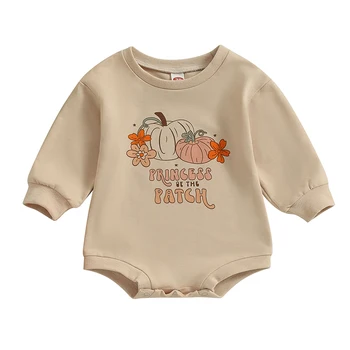 Bmnmsl Baby Halloween džemperis Jumpsuit Letter & Pumpkin Print Round Neck Long Sleeve Romper Toddler drabužiai