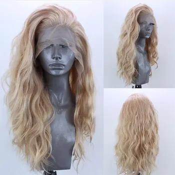 Bombshell Blonde Mix Gold Water Wave Synthetic 13X4 Nėrinių priekiniai perukai be klijų aukštos kokybės karščiui atsparus pluoštas baltoms moterims