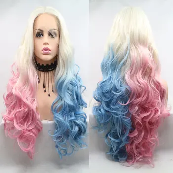 Bombshell White Ombre Blue Pink Loose Wave Synthetic 13X4 nėrinių priekiniai perukai be klijų aukštos kokybės karščiui atsparus pluoštas moterims