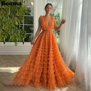 Booma Oranžinė A linijos pakopa Tiulio prom suknelės Giliai V kaklas be rankovių Ilgi vakariniai chalatai moterims Elegantiškos oficialios suknelės