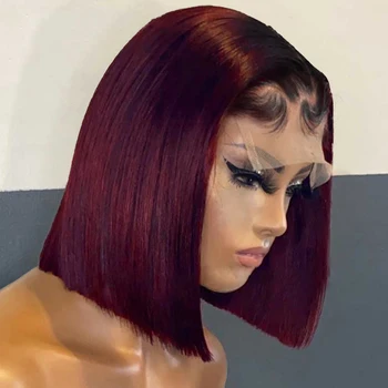 Burgundijos 99J spalva 4X4 nėrinių uždarymo perukas Pixie Cut Short Bob Human Hair Perukai juodaodėms moterims Išpešti Brazilijos Remy plaukai