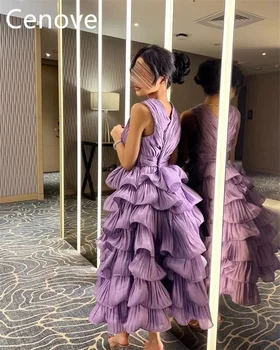 Cenove Purple V iškirptė Prom suknelė be rankovių su raukinių kulkšnies ilgio vakarine vasarine elegantiška vakarine suknele moterims2023