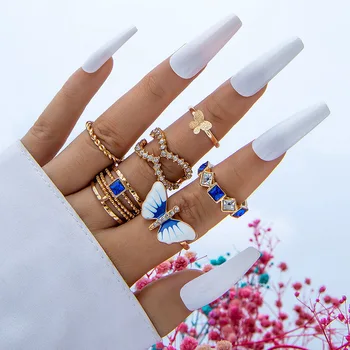 Creative Blue Crystal Zircon Drop Oil Butterfly Rings Set for Women Fashion Female Elegant Gold Color Metal Ring Party papuošalai