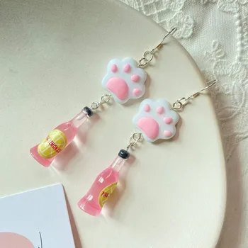 Creative Pink Lemon Begood Bottle Dangle auskarai Kawaii Cat Claw Jewelry Novelty Animal Footprint Resin Handmade Girl auskarai