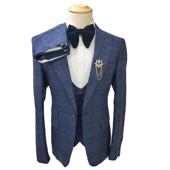 Custom Formalus mėlynas pledas vestuviniai kostiumai vyrams Fashion groom prom Blazers smokingai vyriška klasika trajes de hombre kostiumas homme 남자 양복