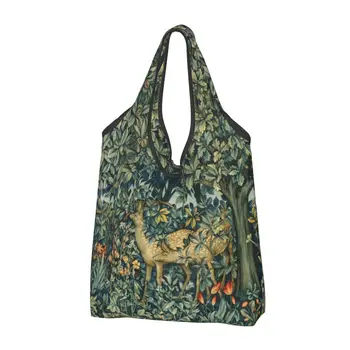 Custom William Morris Elniai ir paukščiai miško pirkinių krepšiuose Moterys nešiojamos didelės bakalėjos gėlių gyvūnų meno pirkėjų krepšiai