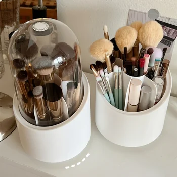 Desktop Makeup Brush Storage Bucket Cup laikiklis su dangteliu Besisukantis makiažas Lūpų dažai Kosmetikos laikymo dėžutė Organizatorius Vamzdelis skaidrus