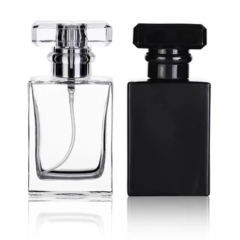 Didmeninė prekyba 30ml Empty Square Spray Fragrance Parfum Bottle Skaidrus juodas daugkartinio užpildymo kvepalų stiklinis buteliukas