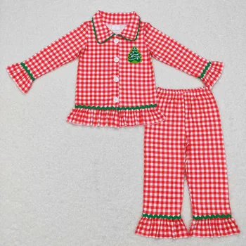 Didmeninė prekyba Vaikas Mažylis Kalėdų siuvinėjimo eglutės apranga Vaikai Raudoni rinkiniai Sagos marškiniai Pledinės kelnės Baby Girl Miego drabužiai Pižama