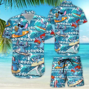 Disney Stitch Vyrai Moterys Havajų marškinių rinkinys 2 vintažiniai sagų aukštyn marškinių lentos šortai Laisvalaikio rinkinys Vasaros Disney Havajų marškinių rinkinys