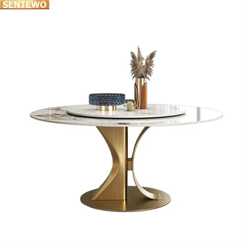 Dizaineris Prabangus apvalus dinning Marble Rock Splate valgomojo stalo komplektas 8 kėdės mesa stolik baldų komedoras Nerūdijančio plieno aukso pagrindas