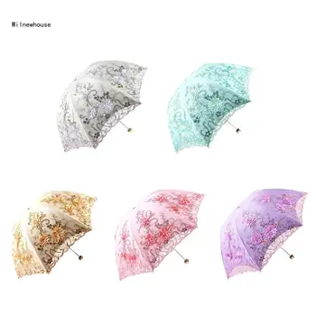 Dvigubo sluoksnio siuvinėtas nėriniuotas skėtis Trys sulankstomi anti-uv atsparūs vėjui lauko kelionėms Kempingo kelionių skėčiai Dropship