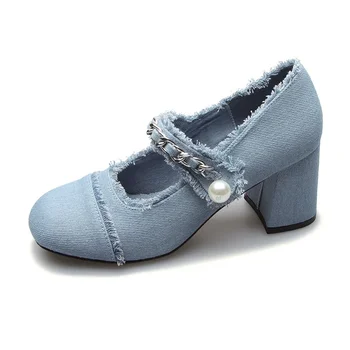 Džinsiniai aukštakulniai Mary Jane batai moterims Elegantiški mėlyni siurbliai Perlų metalo grandinėlė Dekoro kulniukai Sandalai Lolita Ladies Batai 2023