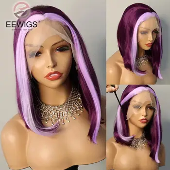 EEWIGS Bob Short Synthetic Wig Purple 13x4 Nėrinių priekinis perukas Cosplay karščiui atsparus perukas be klijų moterims Drag Queen 180 tankis