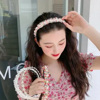 Elegantiškas perlas Headress galvos apdangalas Gėlių platus plaukų lankas Korėjietiško stiliaus plaukų juosta Moterų galvos juosta Austi plaukų juosta