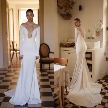 Elegantiškos satino vestuvinės suknelės ilgomis rankovėmis 2023 Dizainerio nėriniuota iškirptė Undinėlė Nuotakos suknelės sagos Nugaros chalatas de moriee