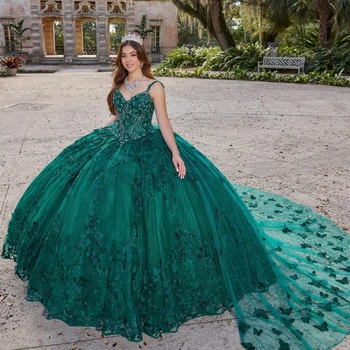 Emerald Green Quinceanera Suknelės nuo pečių lanko aplikacijos Nėrinių karoliukai su Cape Corset for Sweet 15 Girls Party Gowns