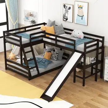 EUROCO L formos dvigulė lova virš pilnos dviaukštės lovos ir dvigulė palėpės lova su stalu, balta