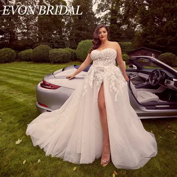 EVON BRIDAL Oversize Sweetheart Sleeves Wedding Dress Side Split Applique Bridal Gown Tulle A-Line Vestido De Novia Talla Grande