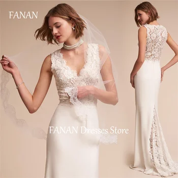 FANAN V-Neck Korėja Vestuvinės suknelės be rankovių grindų ilgis 웨딩드레스 Dramblio kaulo apvalkalo aplikacijos Paprasti pagal užsakymą pagaminti nuotakos chalatai plius dydis