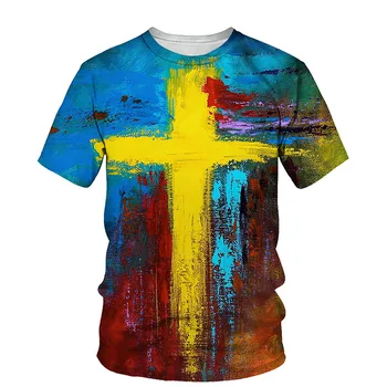 Fashion Cross Printed Vyriški marškinėliai Jesus Summer trumpomis rankovėmis Trišakiai Tops Christian Style Vyriški drabužiai Apvaliu kaklu Laisvalaikio marškinėliai