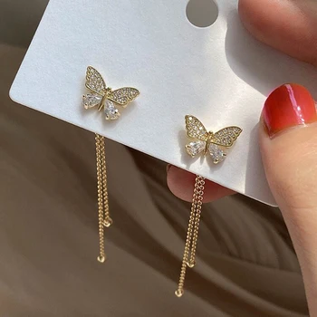 Fashion Crystal Butterfly Drop auskarai moterims Elegantiškas vakarėlis Mieli papuošalai Auksinės spalvos gyvūnų grandinėlė Kutai Kabantys auskarai