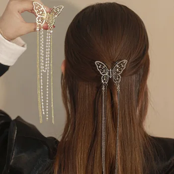 Fashion Gold Butterfly Hairs Pearl Butterfly Hair Clip Pendant Bowknot Plaukų segtukai Moterims Girls Long Pendant Hair Accessories