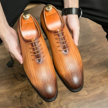 Fashion Men Lace Up Color Striped Leather Shoes Brand Men's Carded Block Business Dress Leather Shoes British Men Leather Shoes