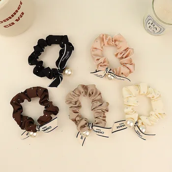Fashion Pearl Crystal Bowknot Scrunchies Vintage Geometric Silk Hair Rope for Women Girls Elastic Ponytail Hairband