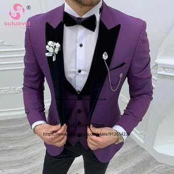 Fashion Purple Wedding Tuxedo Suit for Men Slim Fit 3 dalių švarko liemenės kelnių komplektas Oficialus jaunikio švarko kostiumas Homme Pour Mariage