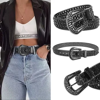 Fashion Rhinestone Belt Western Punk Cowboy Cowgirl Bling Bling Dyglied Design Leather Belts for Women Men Luxury Crystal Belts