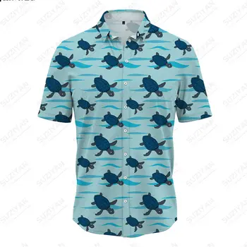 Fashion Vyriški havajietiški marškiniai Vyriški laisvalaikio mėlynos serijos marškiniai vėžlys Print Paplūdimio marškiniai trumpomis rankovėmis Gatvė plius dydis kvėpuojantys