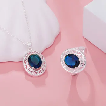 Fine Silver Plated elegantiškas mėlynas krištolas Ovalus pakabukas Kaklo papuošalai Žiedai moterims prabangios mados vakarėlių vestuvės Papuošalų rinkiniai