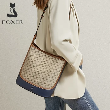 FOXER Monogramos dizainas PU odinis pečių skersinis krepšys Didelės talpos biuro kibiras Lady Fashion Moteriškas priemiestinis pasiuntinys